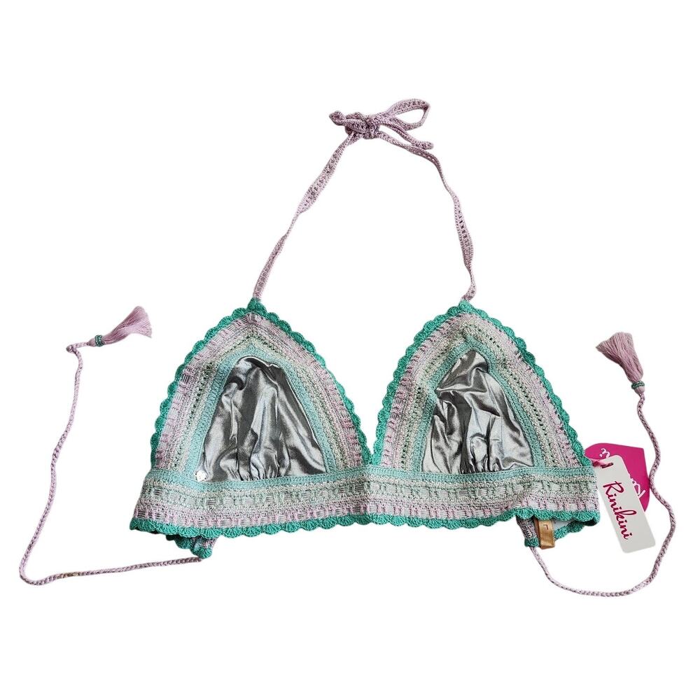New Rinikini Bikini Top Small Crochet Metallic Teal Blue Silver Tassle